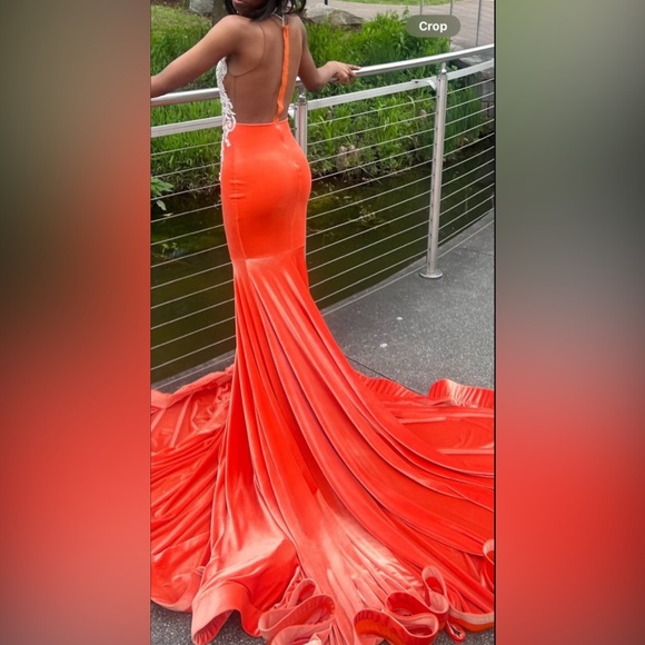 Velvet Orange Dress.,Stretchy Material. Can fit up to a Size 2 . Dry Clean done. - Picture 4 of 6